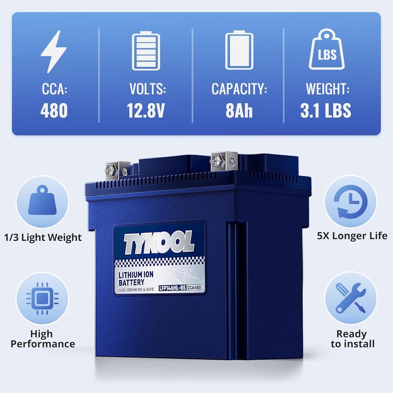 TYKOOL YTX14AHL-BS LiFePO4 Lithium Motorcycle Battery,12.8V 8Ah,480CCA,Digital Readout,Powersports Battery, Fits for Motorcycle,ATV,Snowmobile,PWC. 3X Cranking Amps,5X Longer Life.Fast Charging. - Image 5